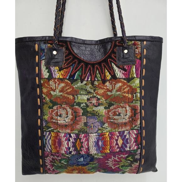 Altiplano Handmade Fair Trade Tote Purse Recycled Blouses and Purple Leather - Picture 2 of 13